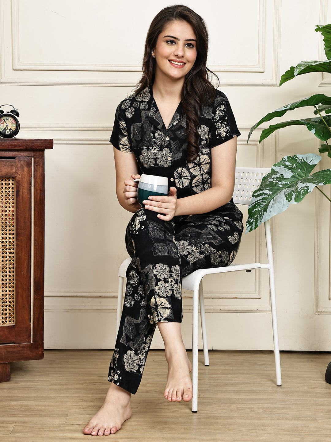 Black Abstract Print Rayon Night Suit for Women | Claura