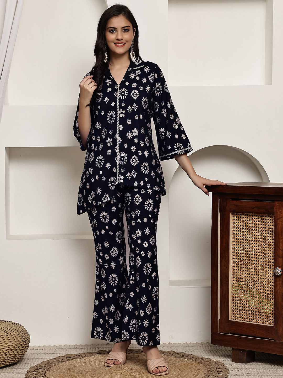 Woman wearing Navy Blue Floral Co-Ord Set