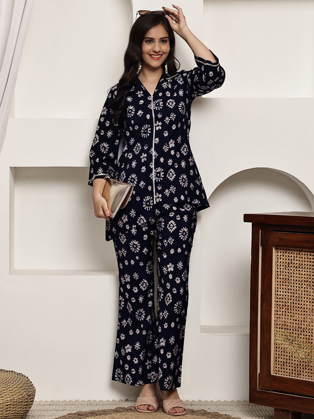 Close-up of Chanderi Silk fabric on Navy Blue Co-Ord Set
