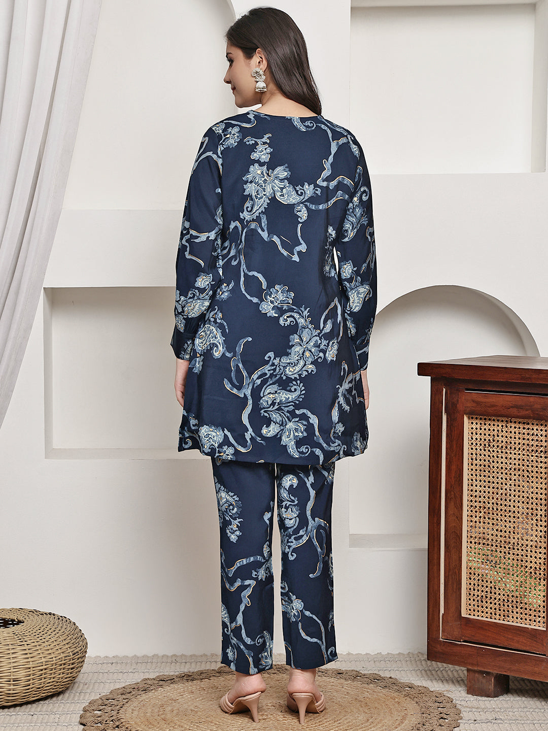 Close-up of Chanderi Silk fabric on Navy Blue Co-Ord Set