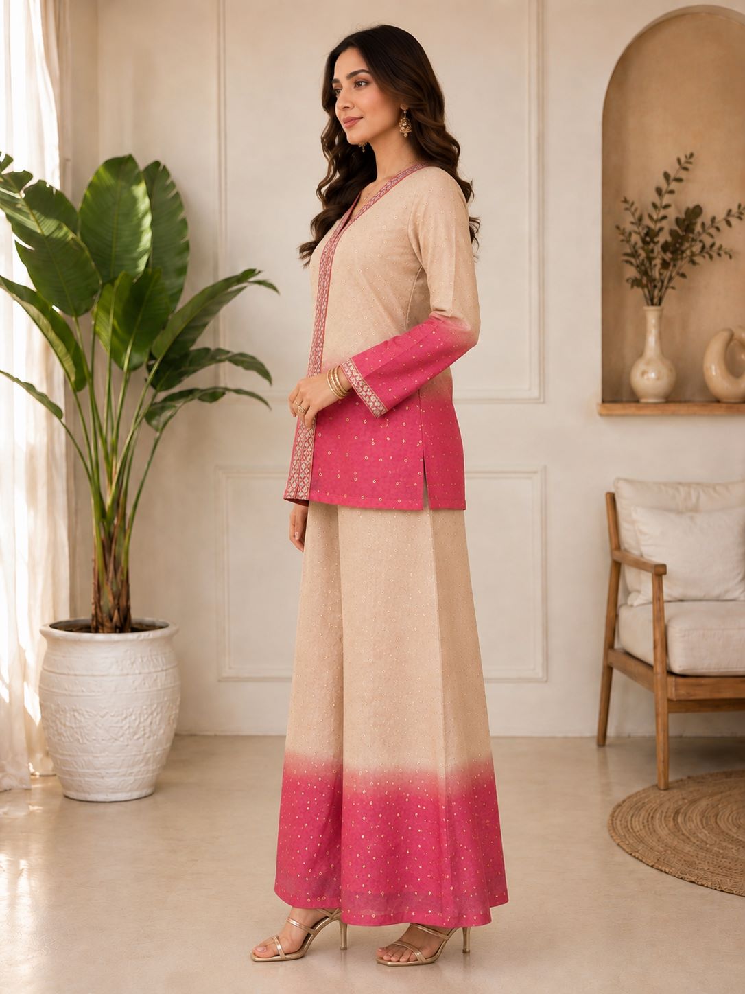 Pink & Cream Ombre Floral Embroidered V-Neck Tunic with Palazzos Co-Ord Set