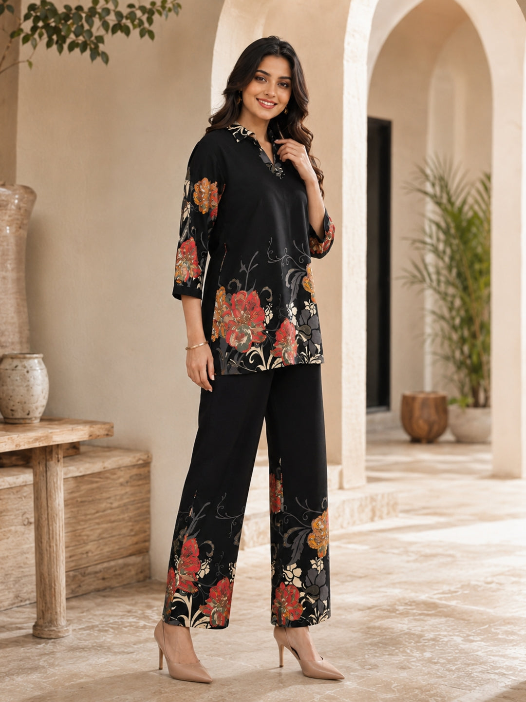 Black Floral Viscose Rayon Casual Co-ord Set for Women