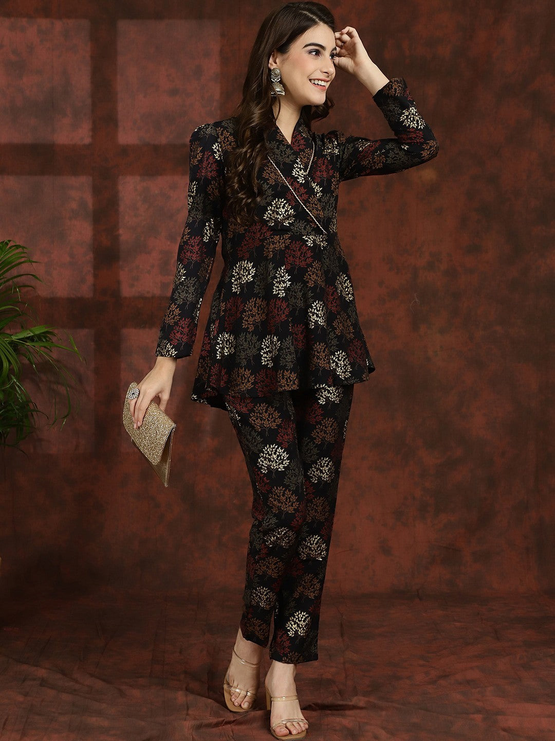 Lifestyle shot of ethnic printed Co-Ord Set at brunch