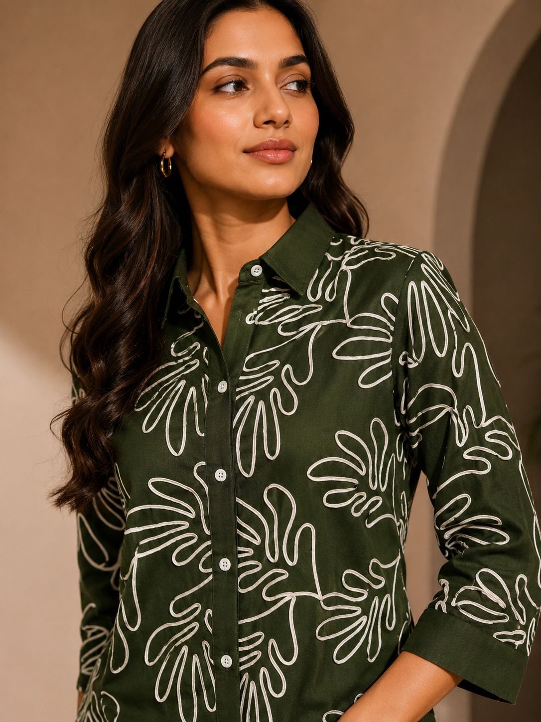 Woman styling green Embroidered co-ord set, lifestyle look, shirt and pants