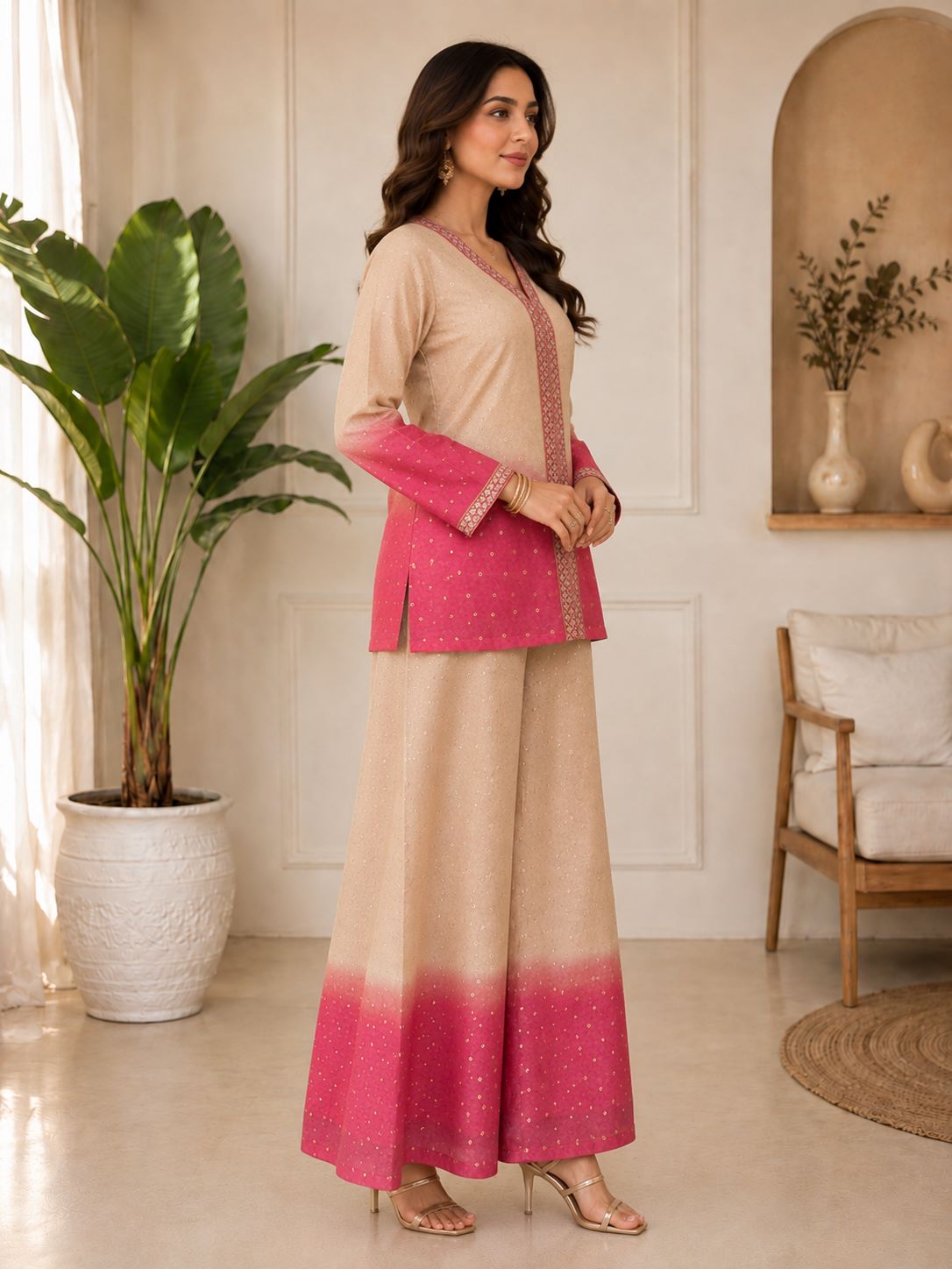 Pink & Cream Ombre Floral Embroidered V-Neck Tunic with Palazzos Co-Ord Set