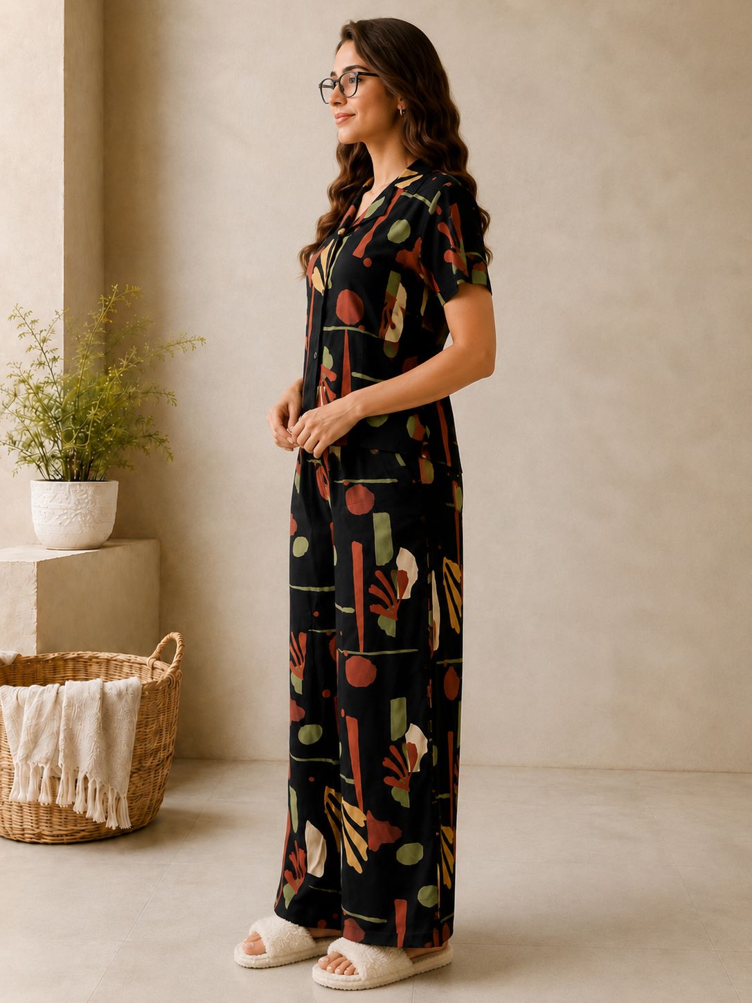 Black Boho Abstract Printed Button-Down Night Suit | Claura