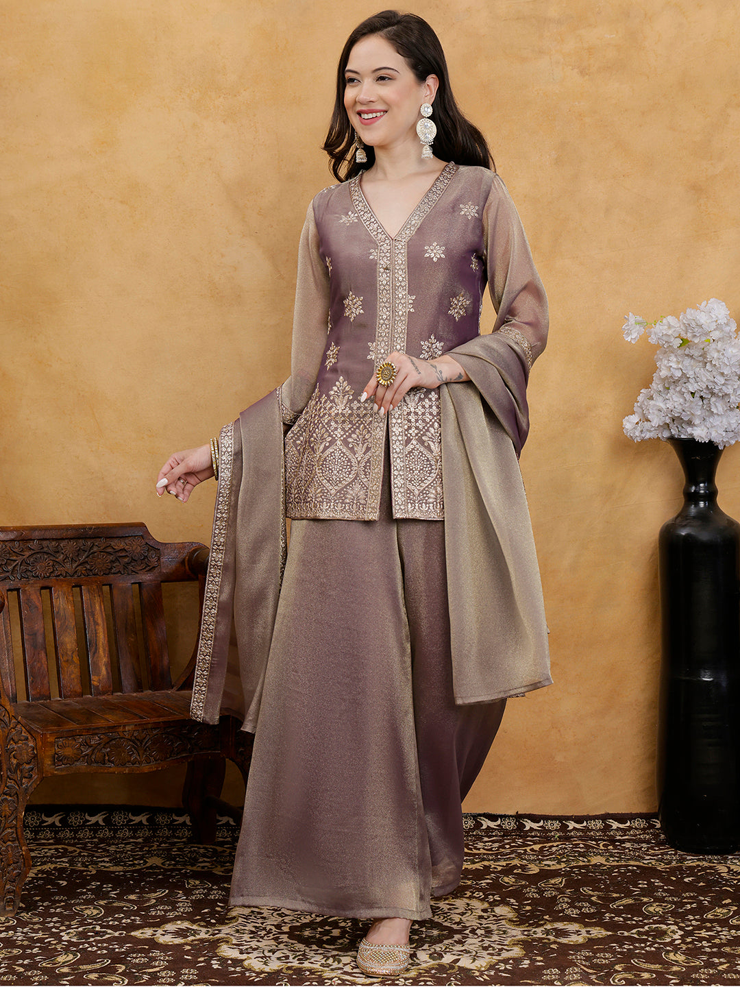 Purple Floral Elegance Silk Blend Suit Set with Dupatta