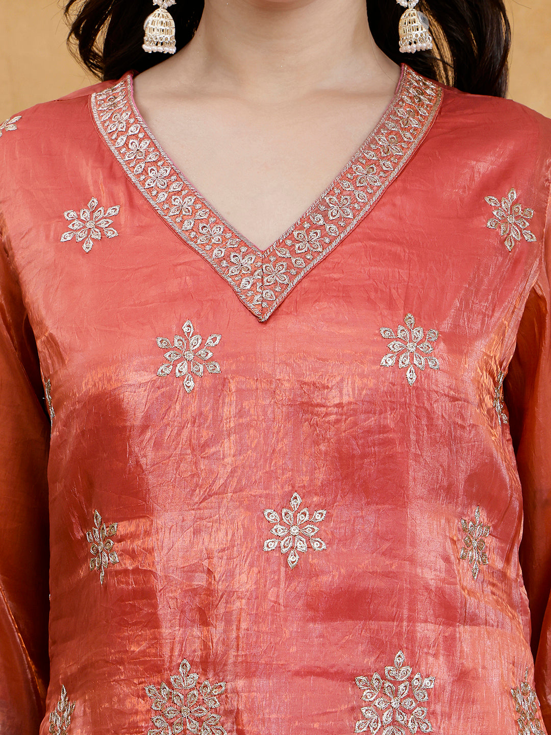 Rust Bloom Embroidered Silk Suit Set with Dupatta