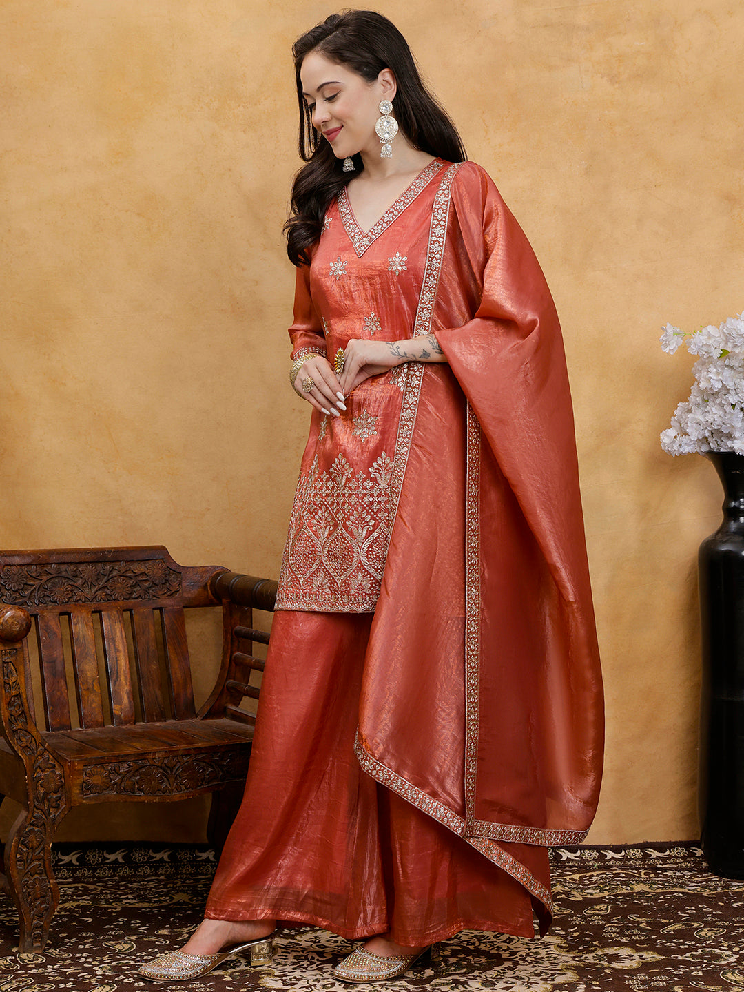 Rust Bloom Embroidered Silk Suit Set with Dupatta