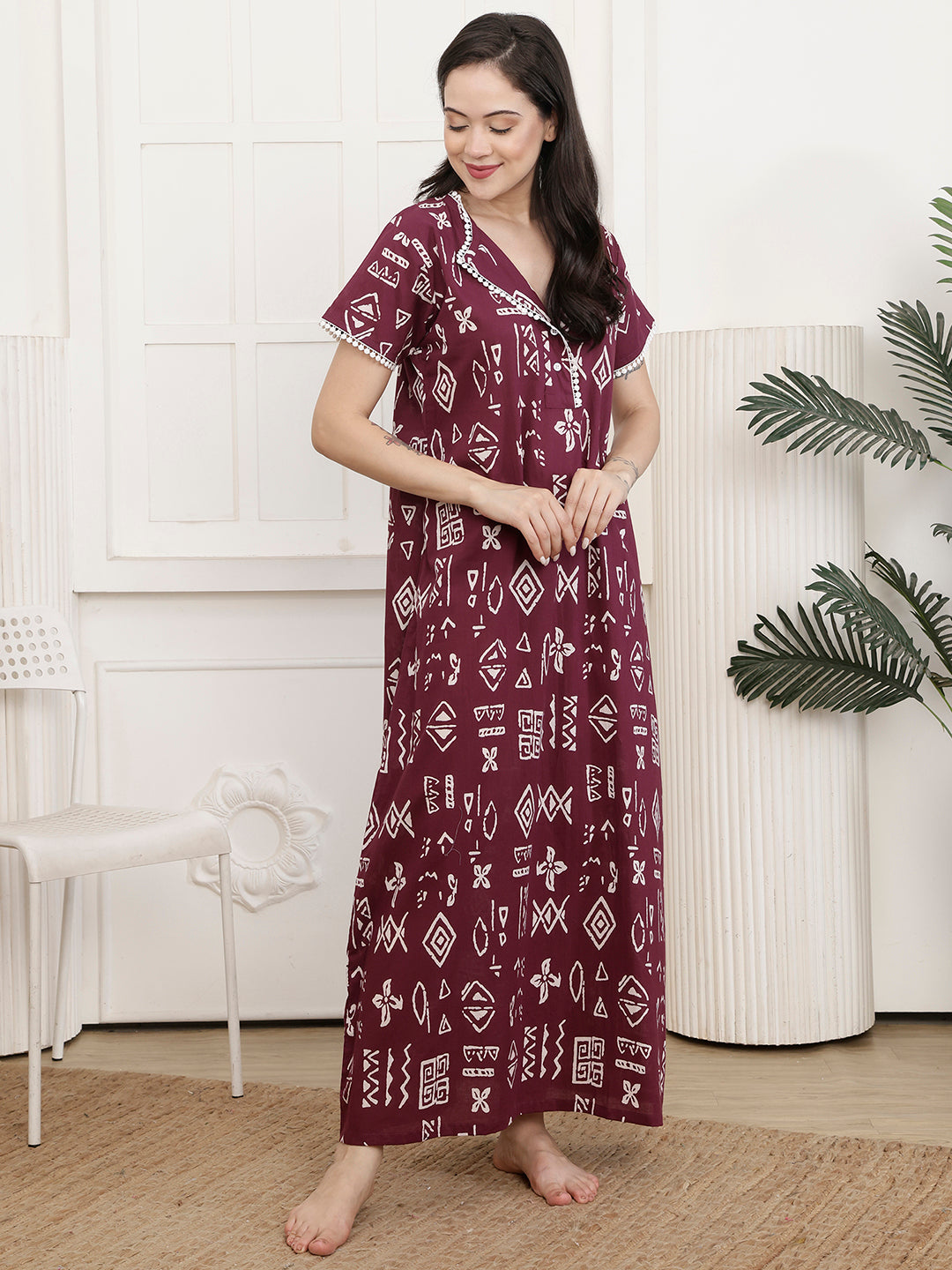 Wine Geometric Printed Cotton Maxi Nightdress | Claura