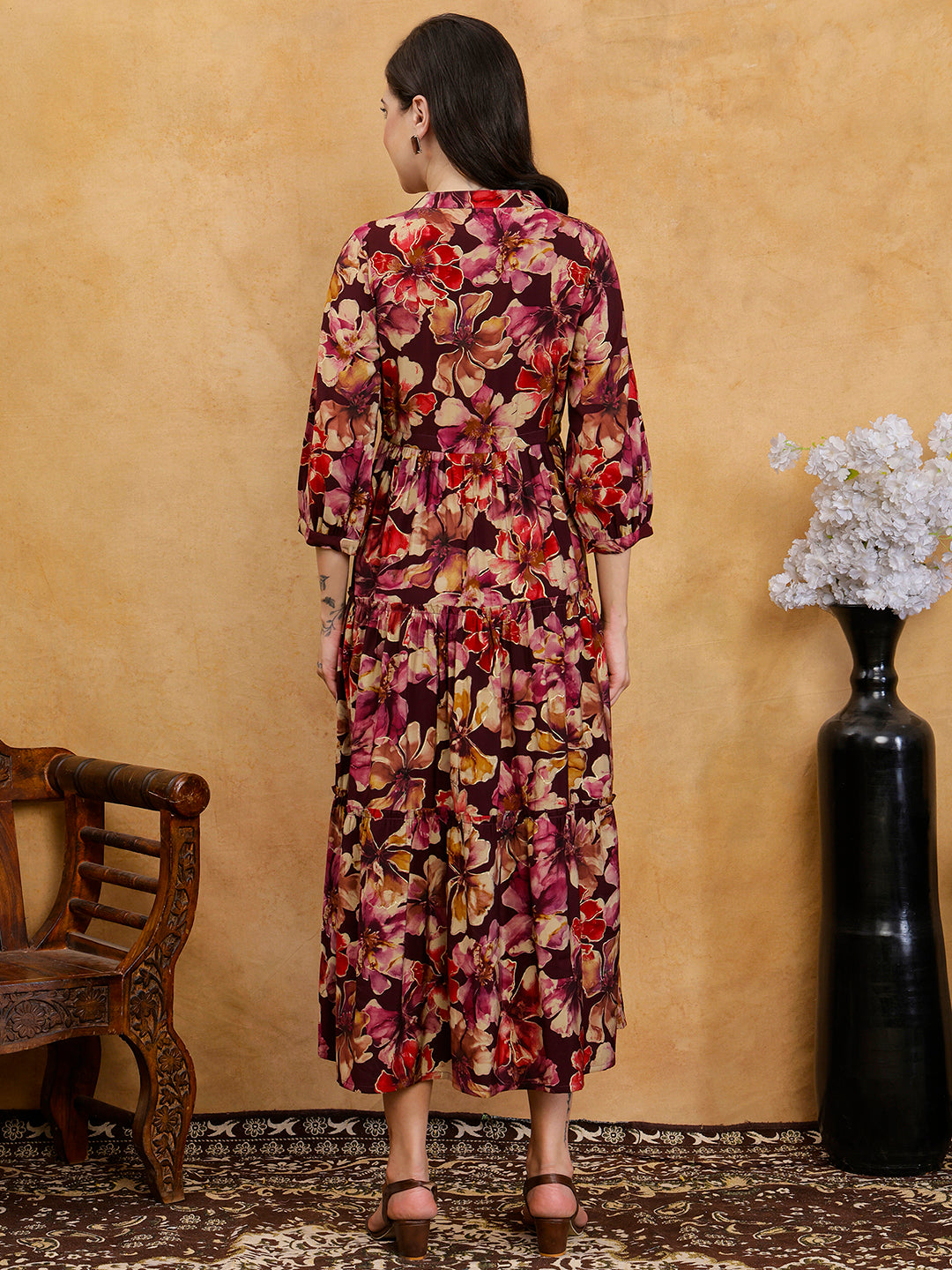 Maroon Floral Print V-Neck Gathered A-Line Maxi Dress | Claura