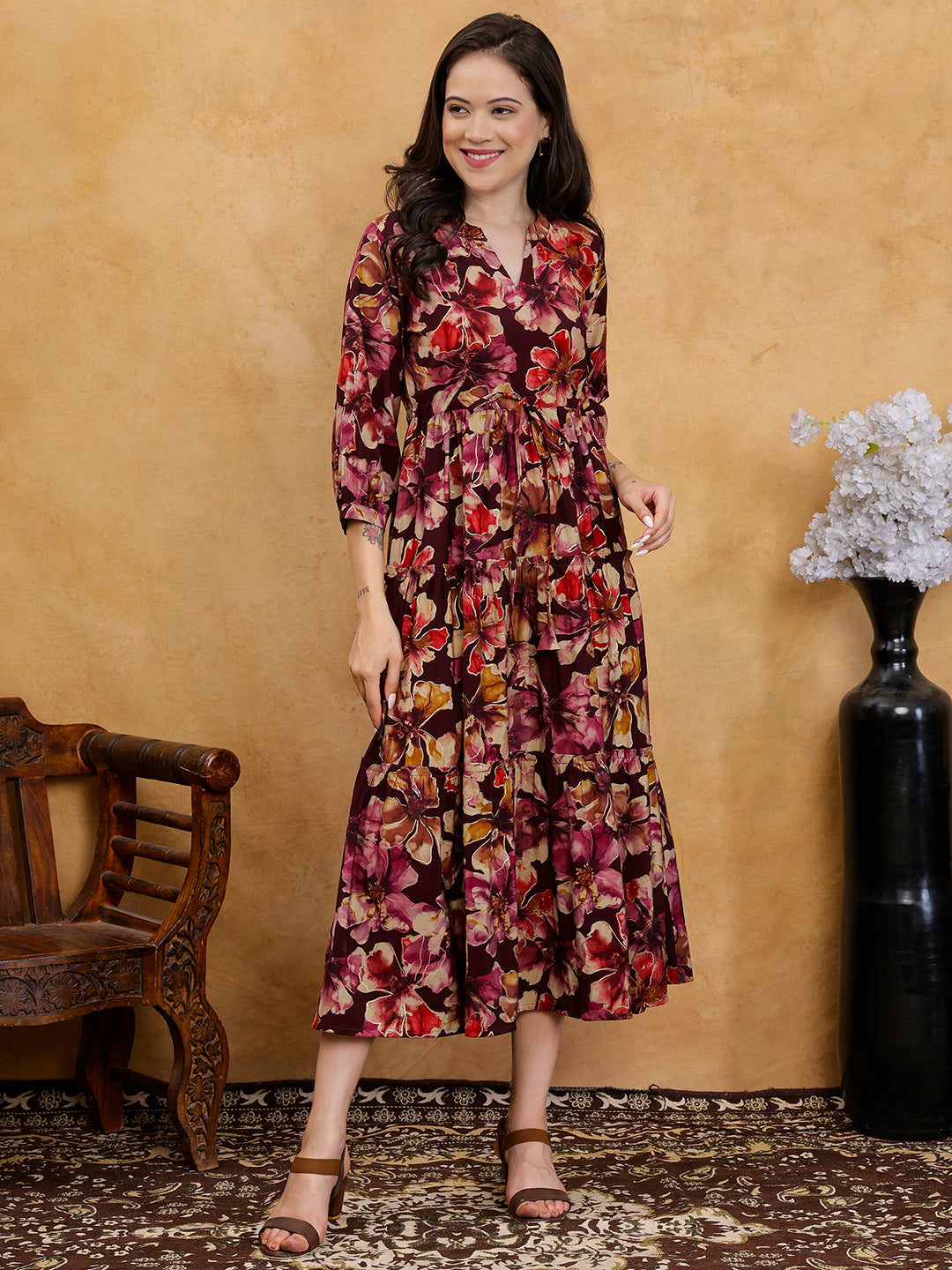 Maroon Floral Print V-Neck Gathered A-Line Maxi Dress | Claura