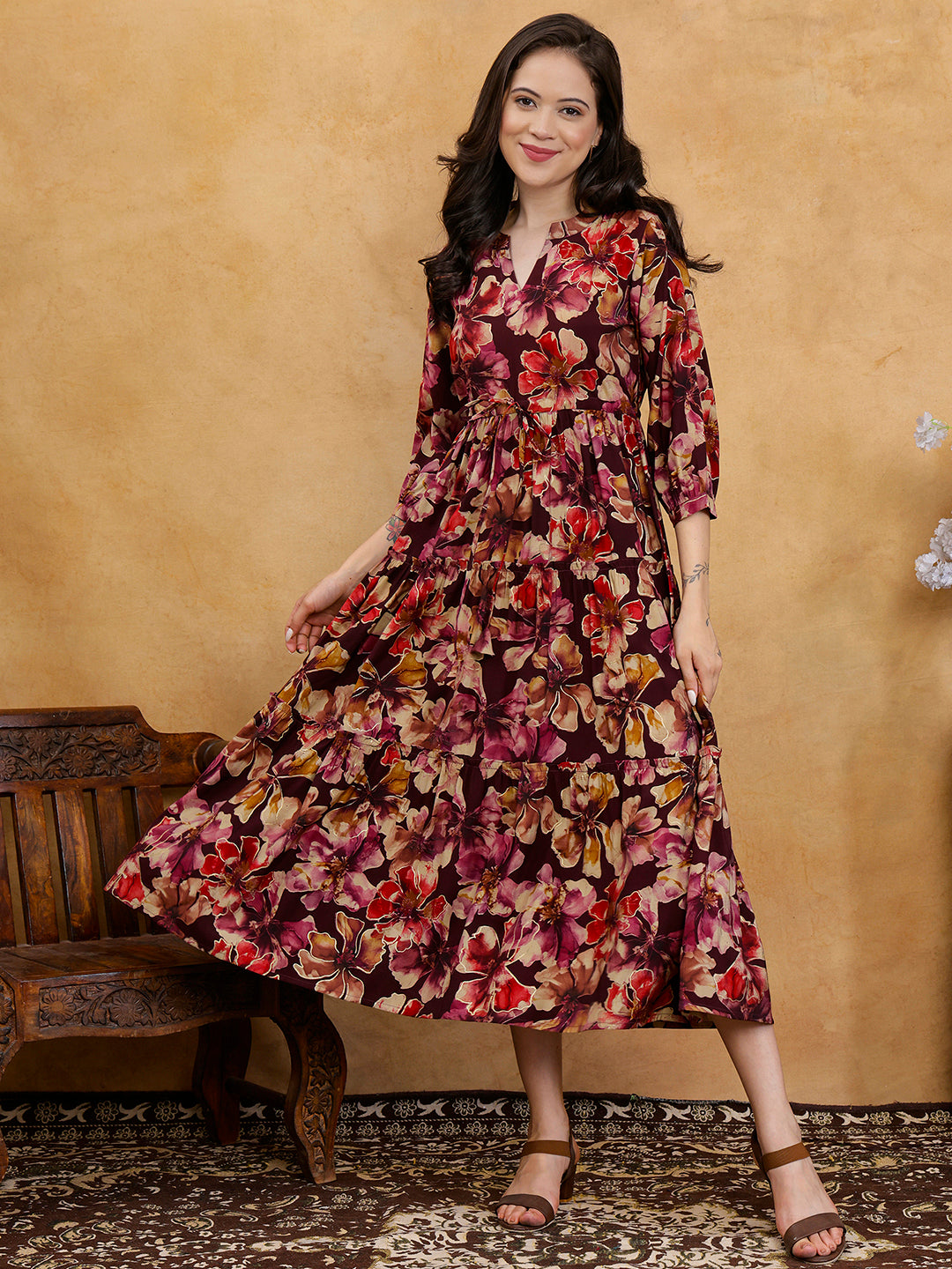 Maroon Floral Print V-Neck Gathered A-Line Maxi Dress | Claura
