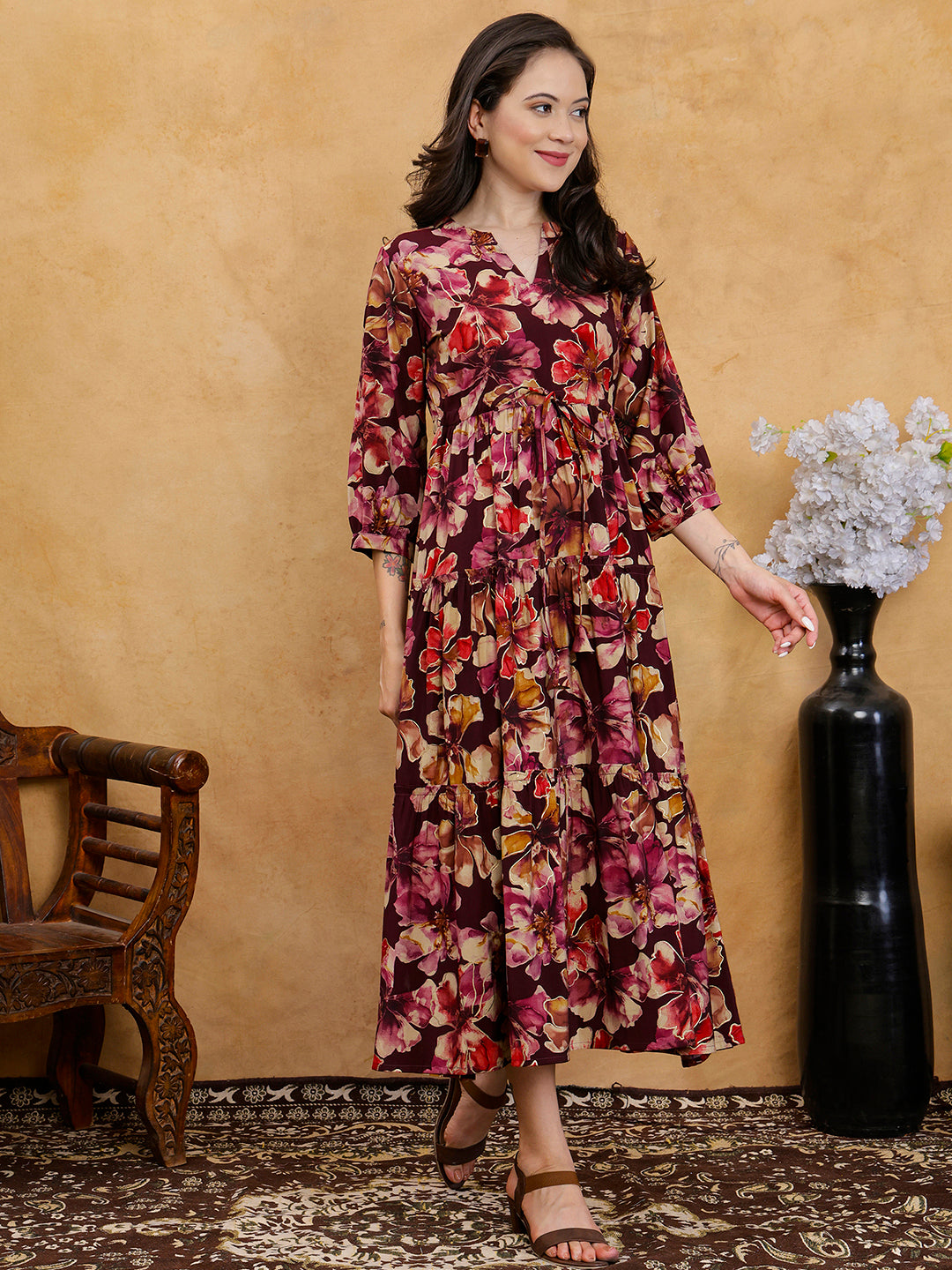 Maroon Floral Print V-Neck Gathered A-Line Maxi Dress | Claura