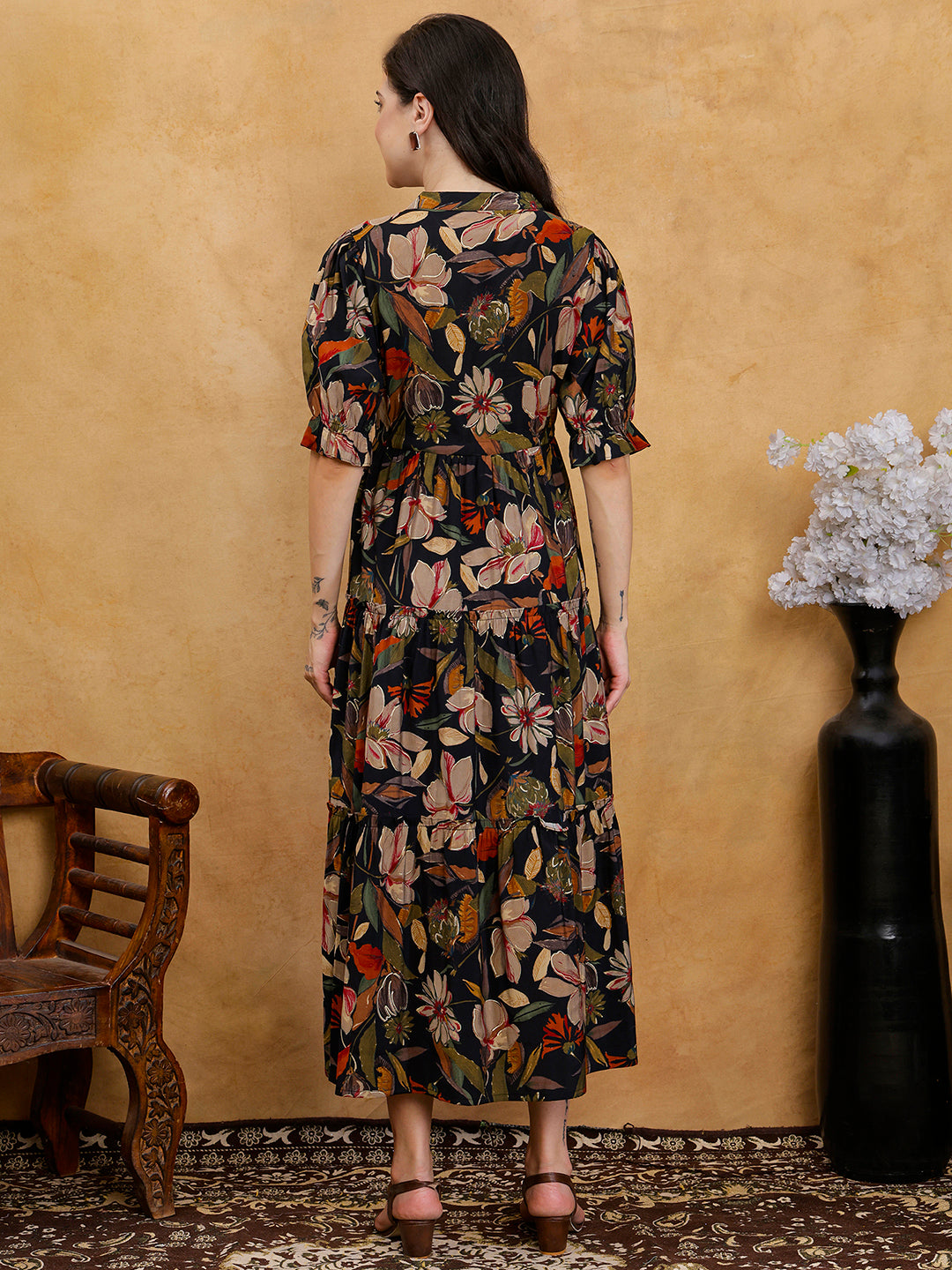 Black Floral Print Puff Sleeve A-Line Midi Dress | Claura