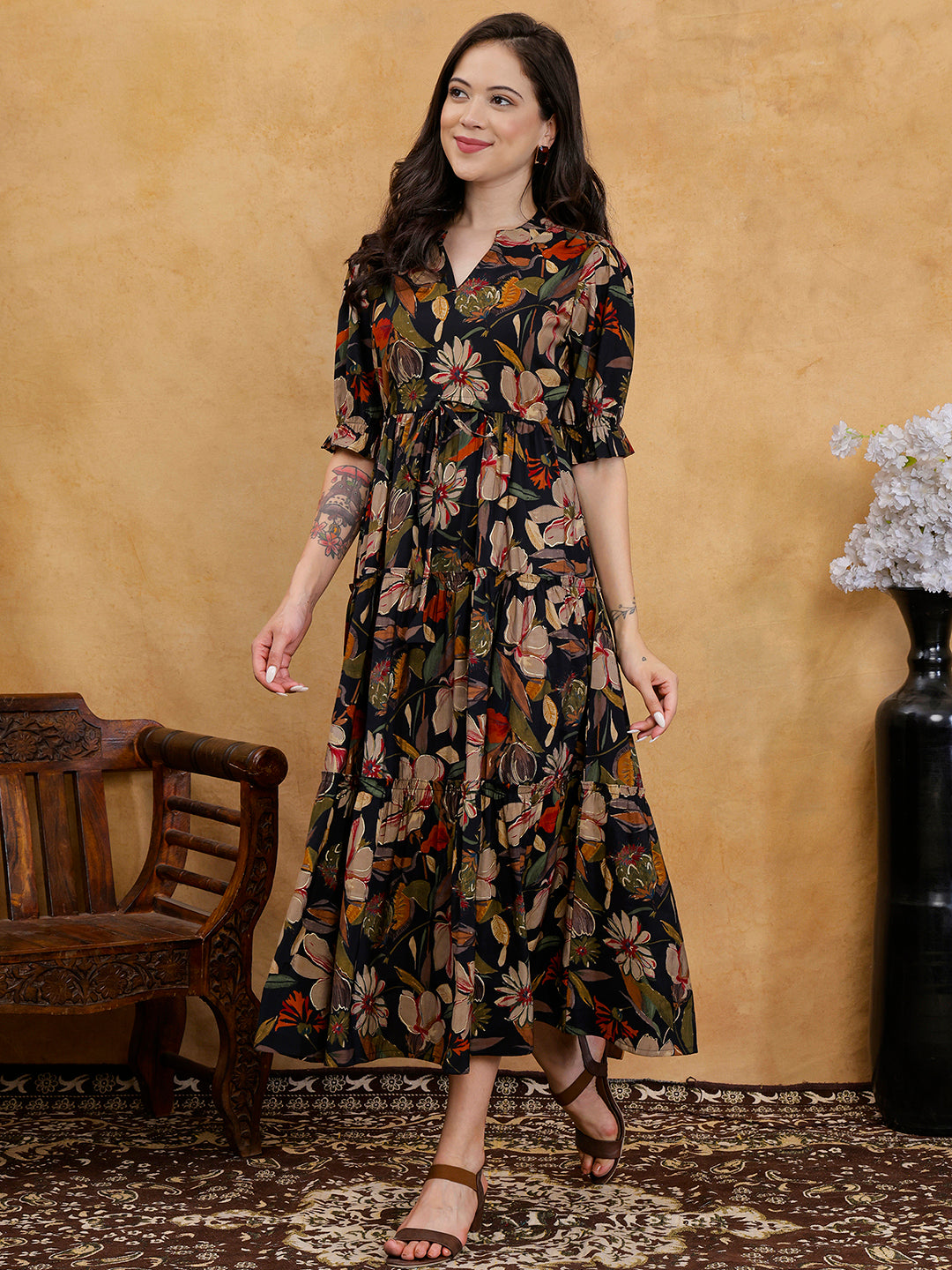 Black Floral Print Puff Sleeve A-Line Midi Dress | Claura