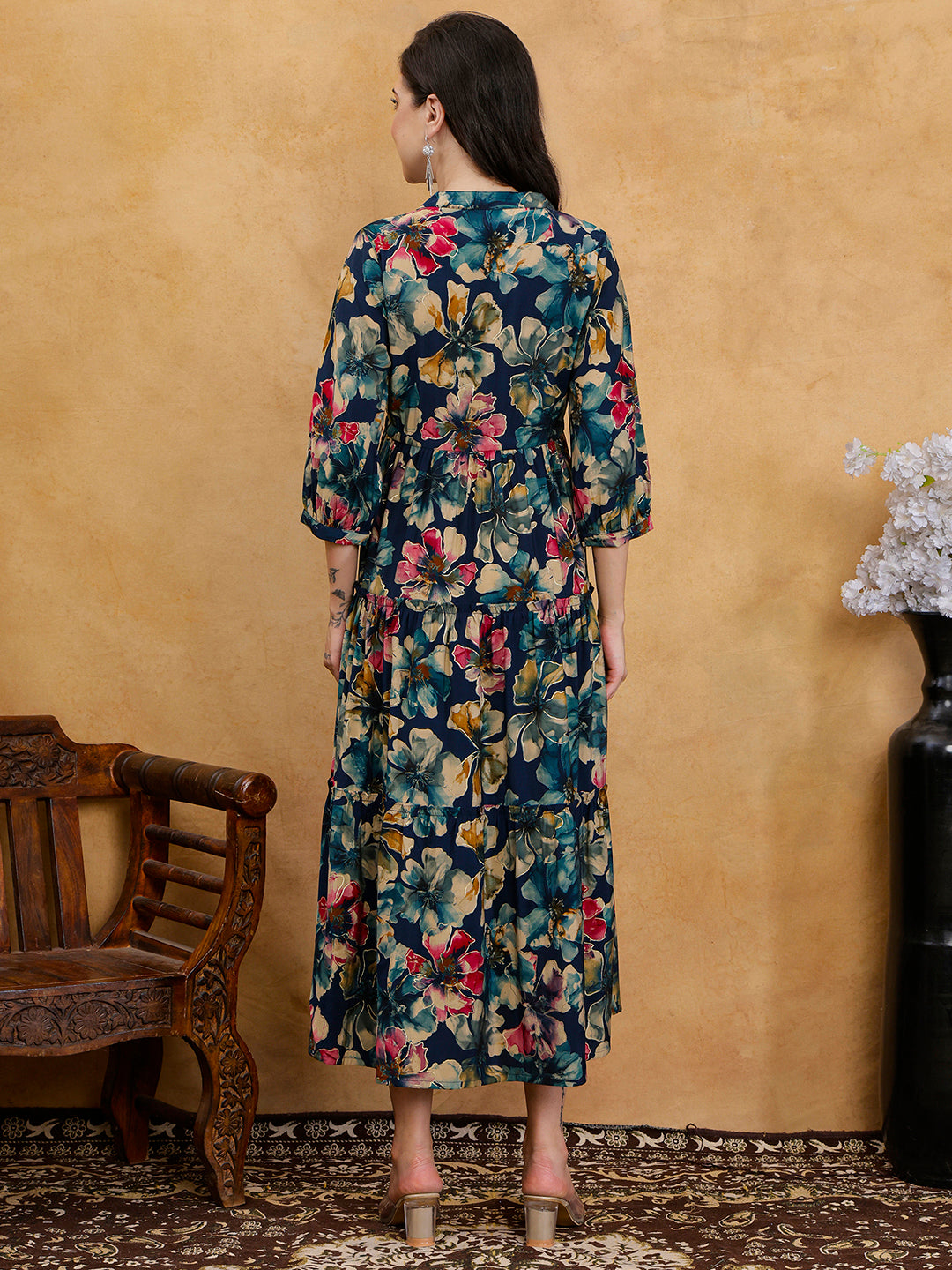 Blue Floral Print V-Neck Gathered A-Line Maxi Dress | Claura