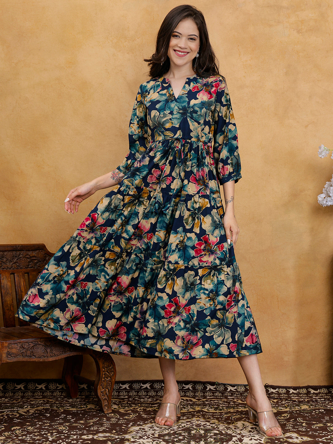 Blue Floral Print V-Neck Gathered A-Line Maxi Dress | Claura
