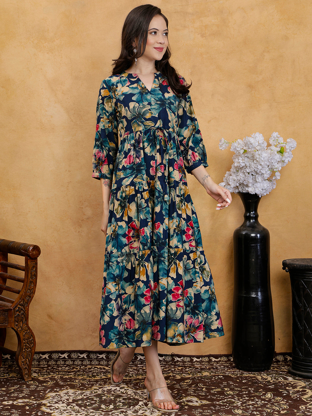 Blue Floral Print V-Neck Gathered A-Line Maxi Dress | Claura