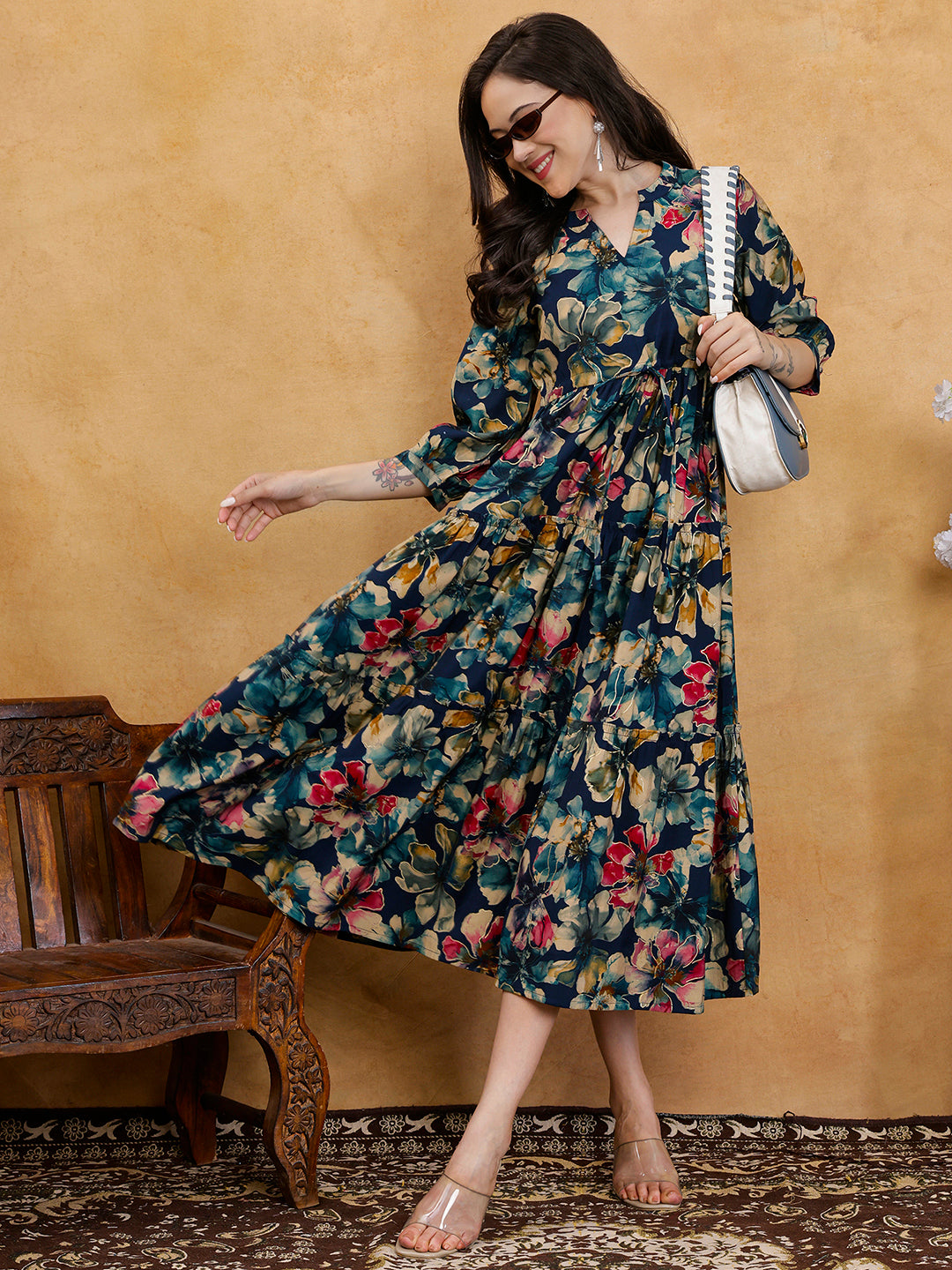 Blue Floral Print V-Neck Gathered A-Line Maxi Dress | Claura