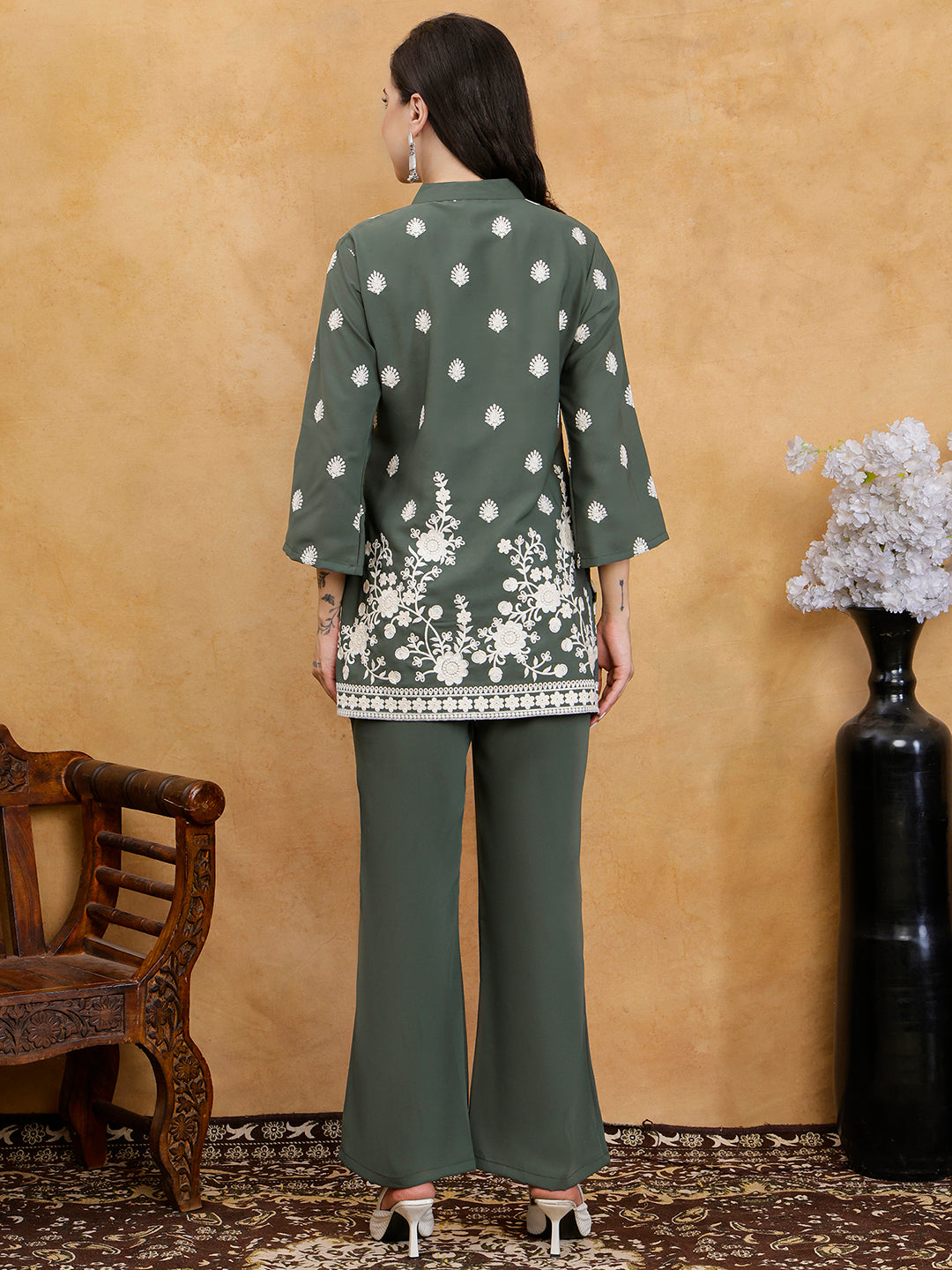 Green Embroidered Mandarin Collar Tunic with Palazzos Co-Ord Set