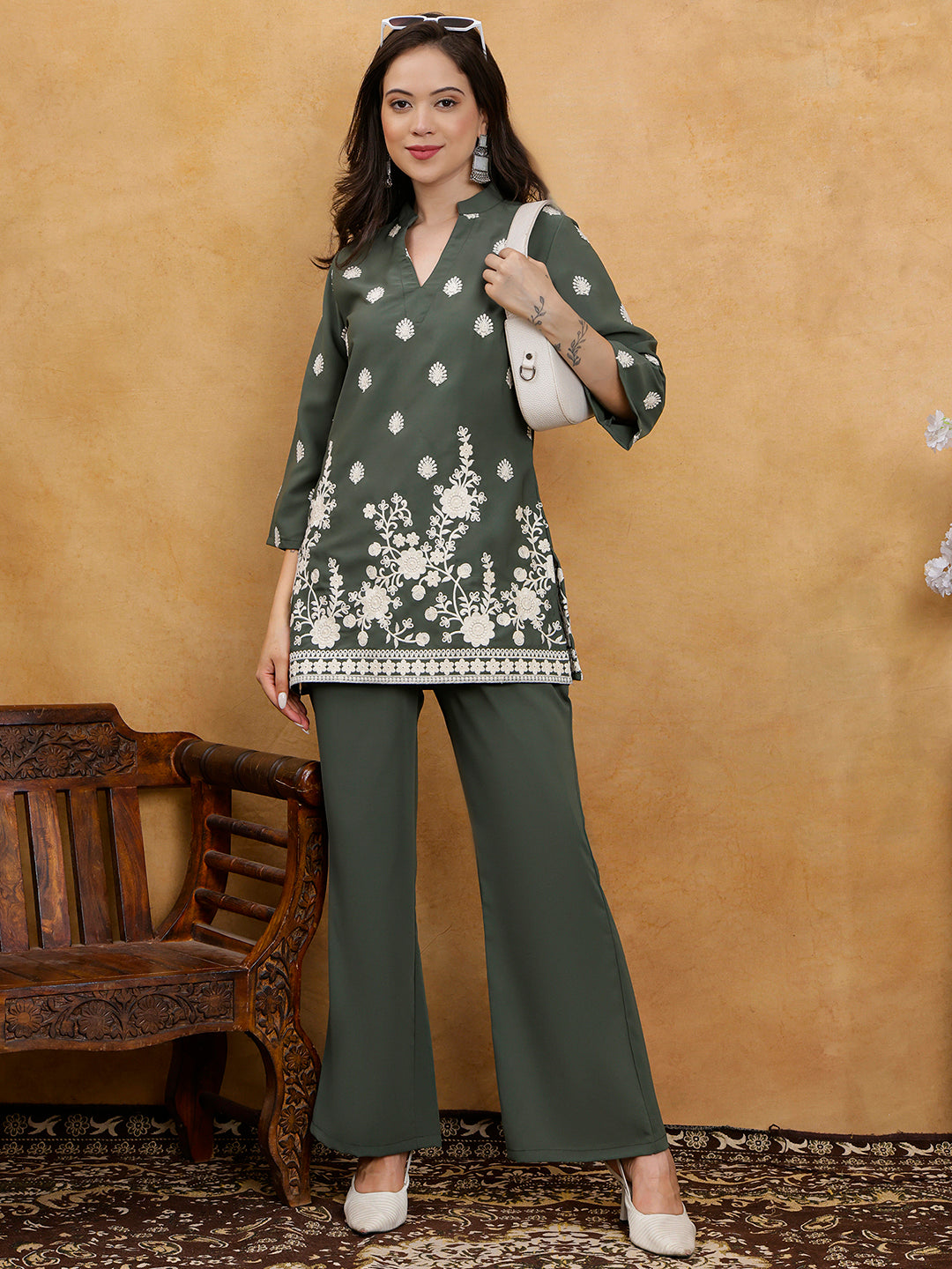 Green Embroidered Mandarin Collar Tunic with Palazzos Co-Ord Set