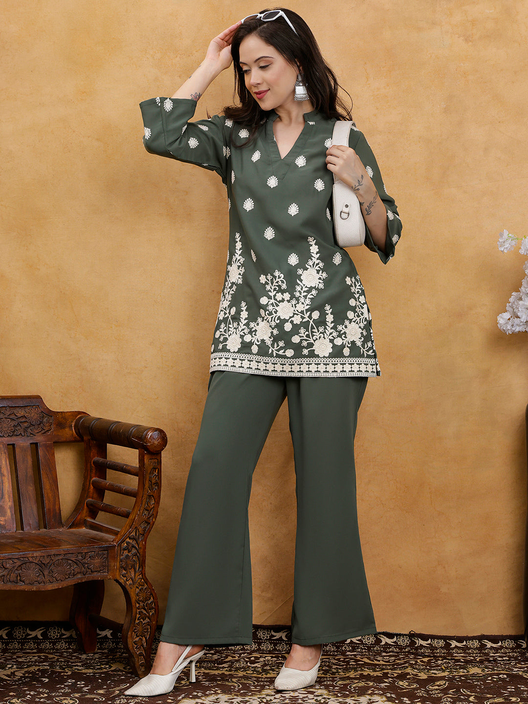 Green Embroidered Mandarin Collar Tunic with Palazzos Co-Ord Set