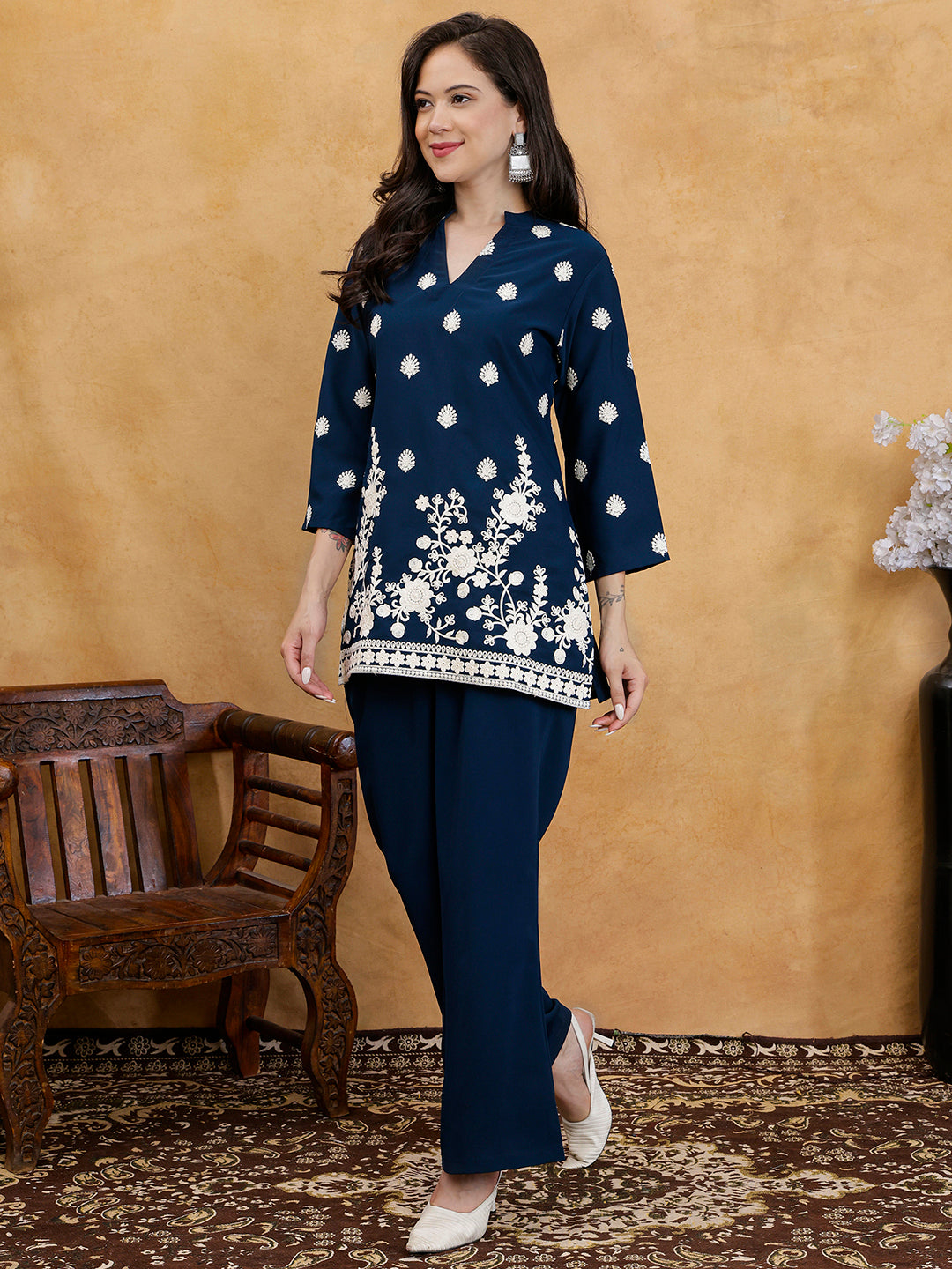 Navy Blue Embroidered Mandarin Collar Tunic with Palazzos Co-Ord Set