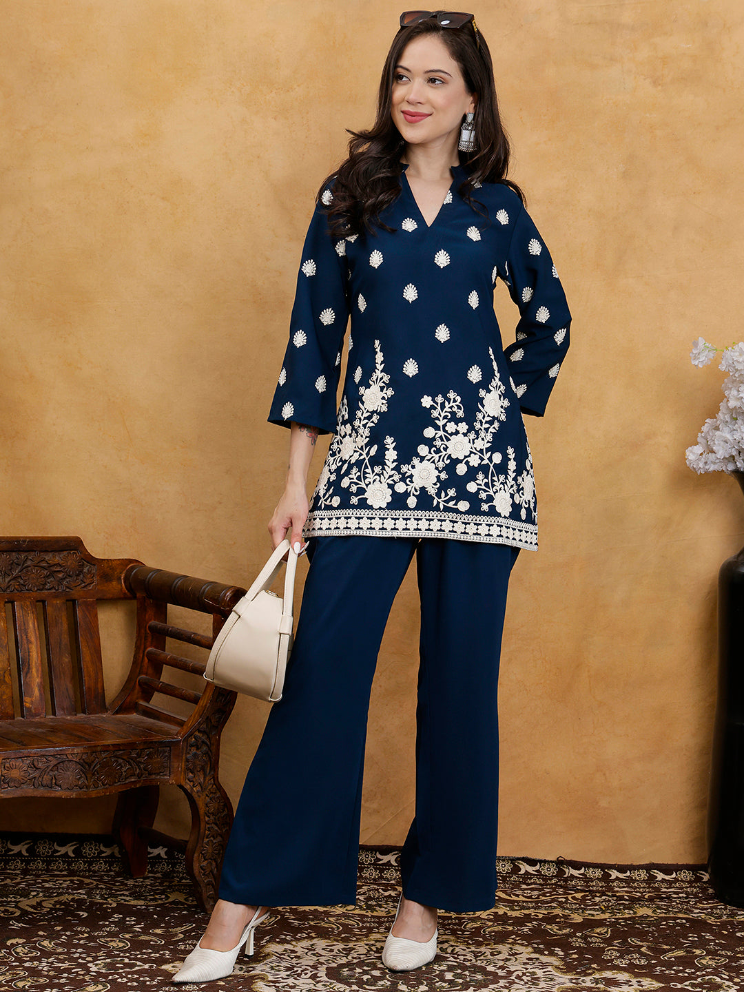 Navy Blue Embroidered Mandarin Collar Tunic with Palazzos Co-Ord Set