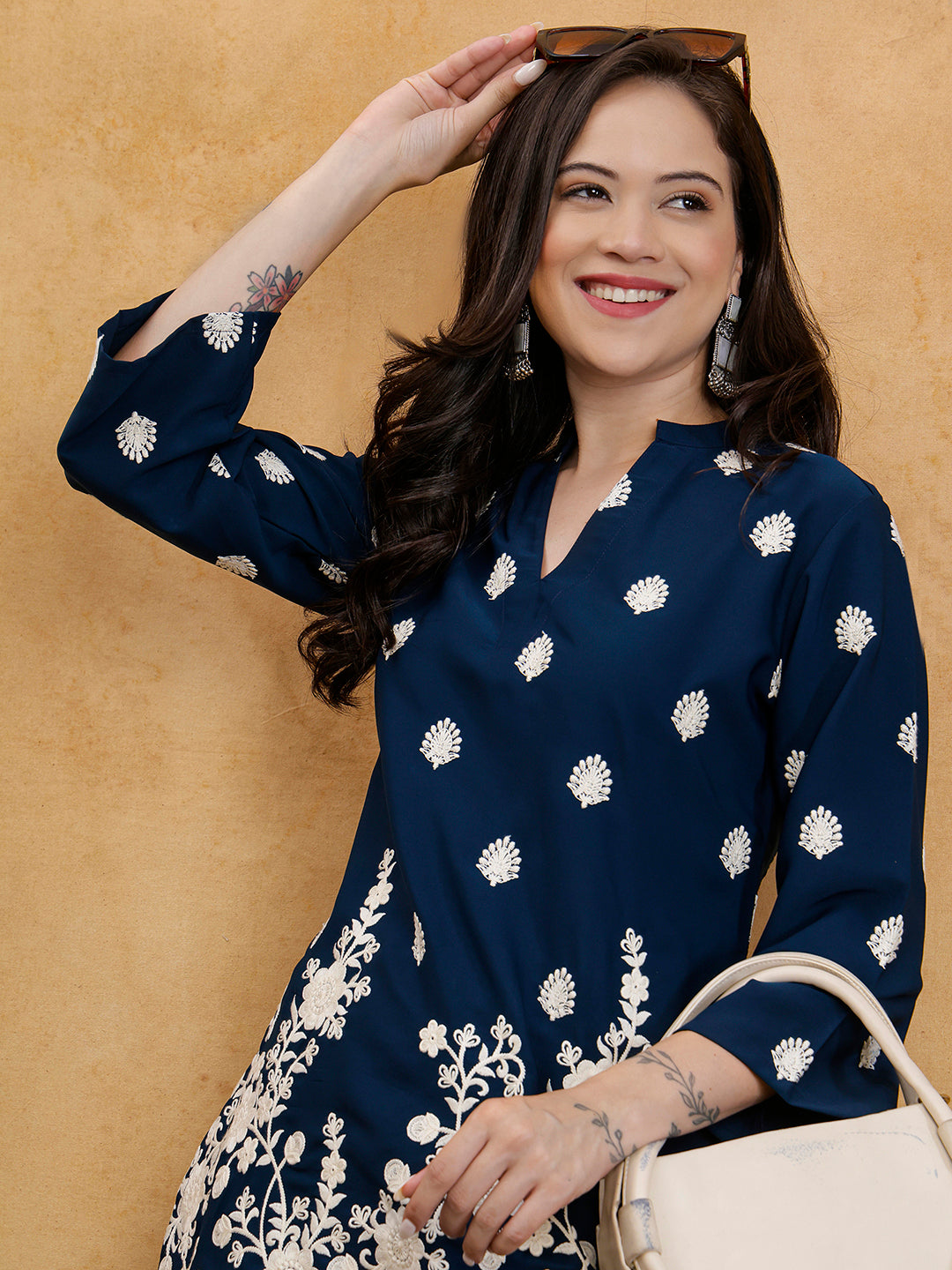 Navy Blue Embroidered Mandarin Collar Tunic with Palazzos Co-Ord Set