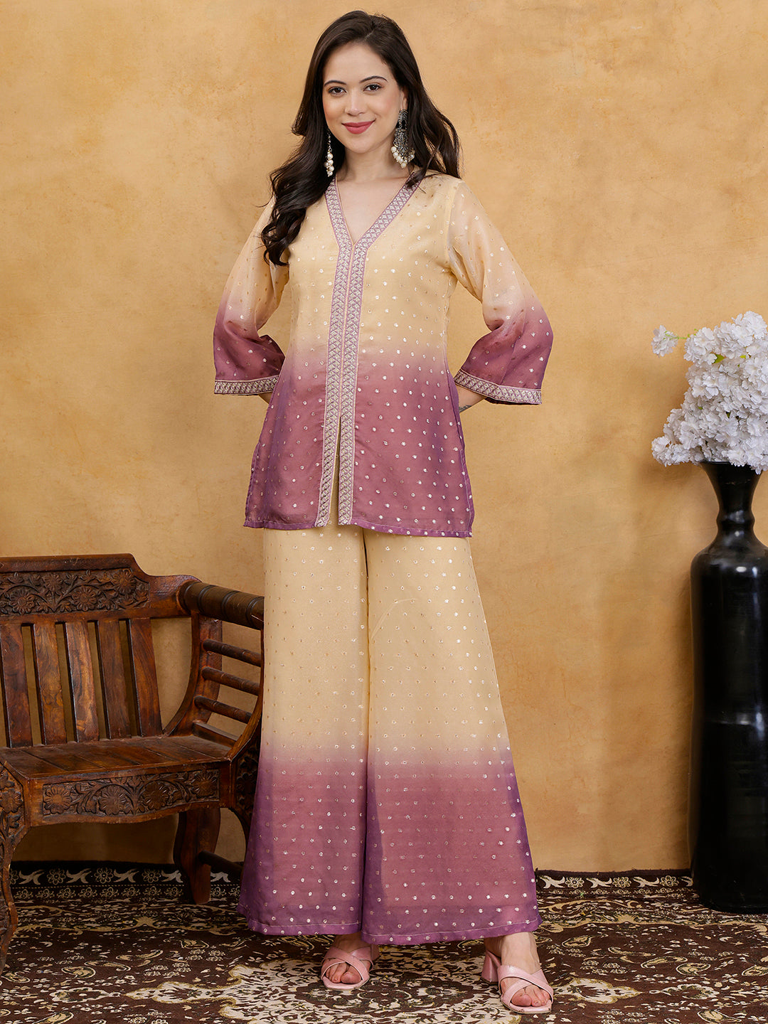 Purple & Cream Ombre Floral Embroidered V-Neck Tunic with Palazzos Co-Ord Set