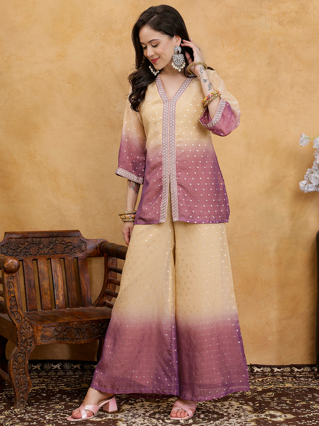 Purple & Cream Ombre Floral Embroidered V-Neck Tunic with Palazzos Co-Ord Set