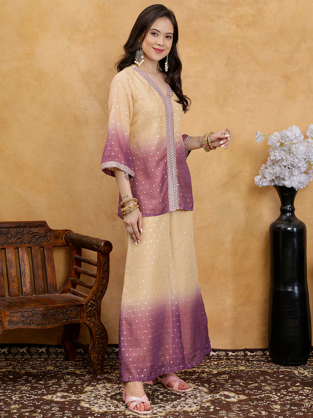 Purple & Cream Ombre Floral Embroidered V-Neck Tunic with Palazzos Co-Ord Set