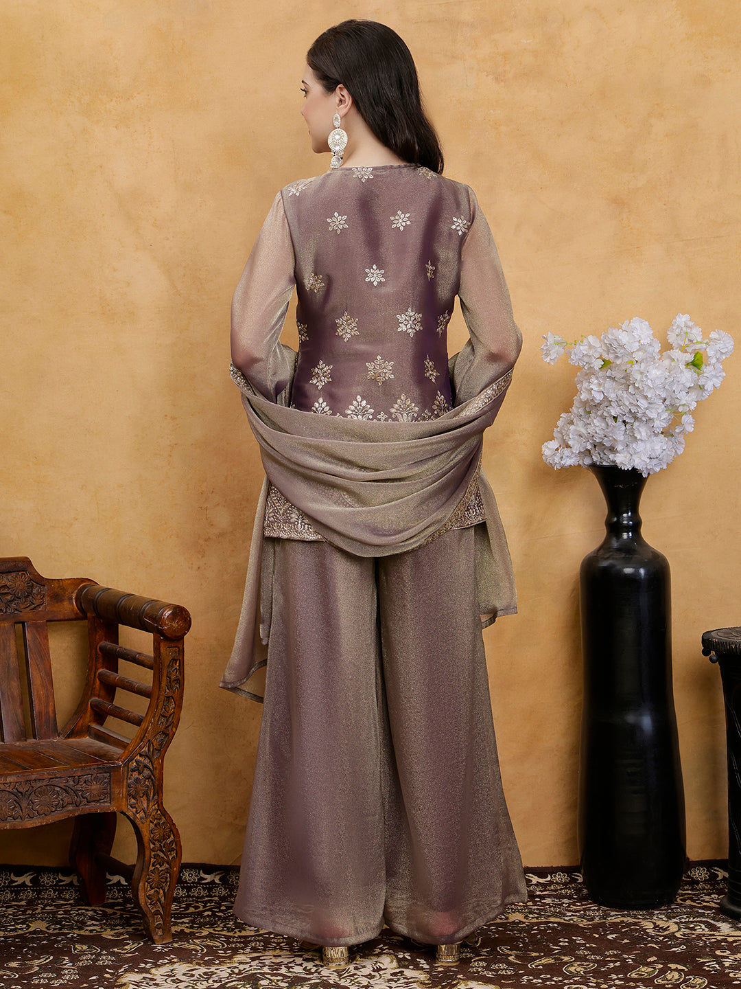 Purple Floral Elegance Silk Blend Suit Set with Dupatta