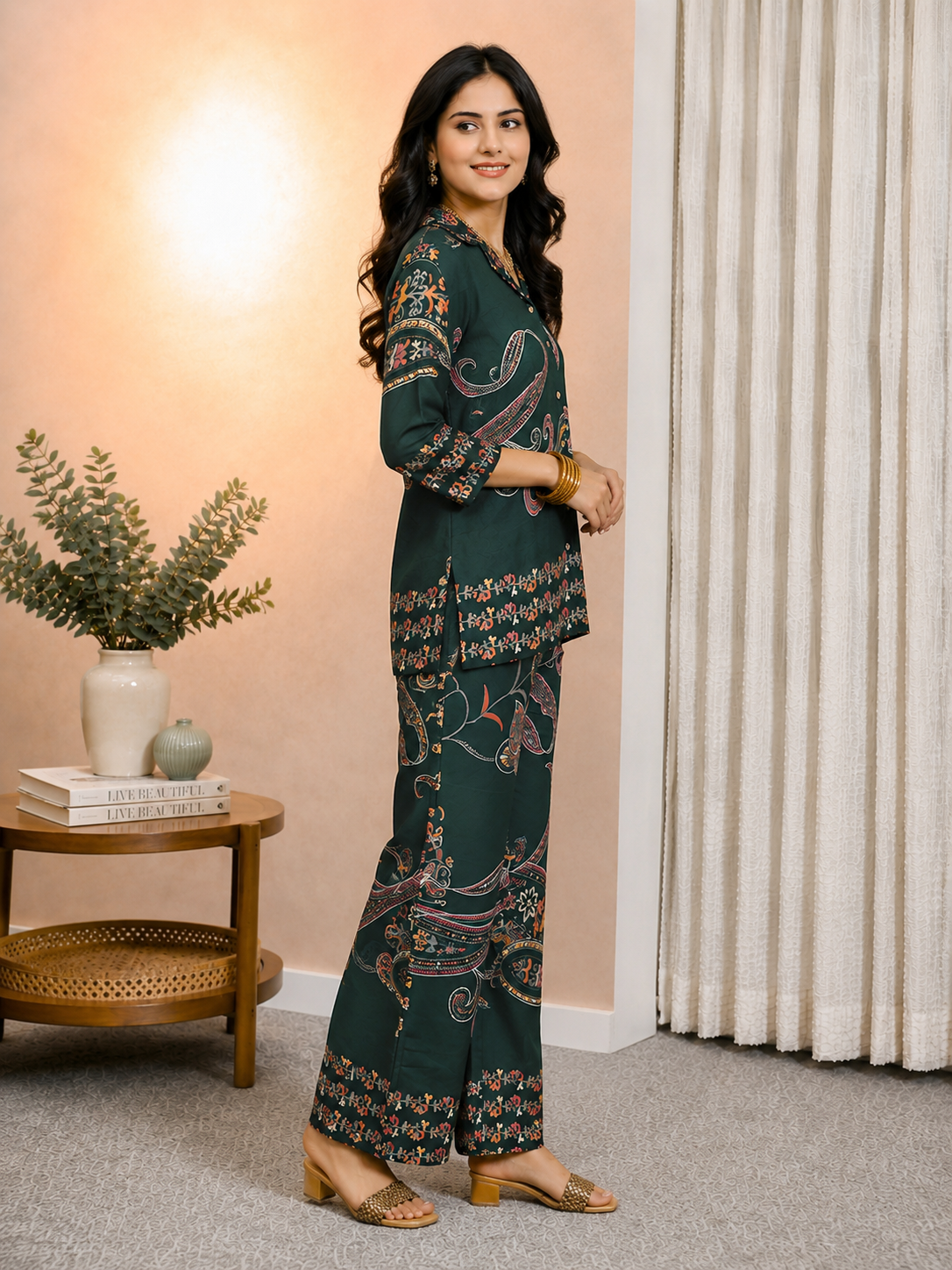 Green Abstract Printed Chanderi Silk Casual Co-ord Set for Women