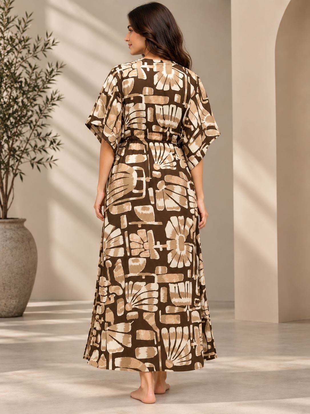 Brown Abstract Floral Print V-Neck Maxi Nightdress | Claura