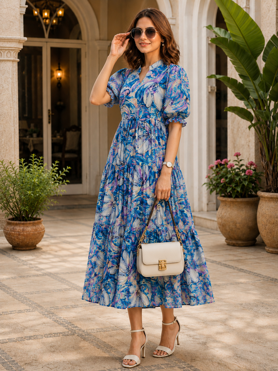 Blue Floral Printed Premium Chanderi Bell-Sleeve Dress for Women | Claura