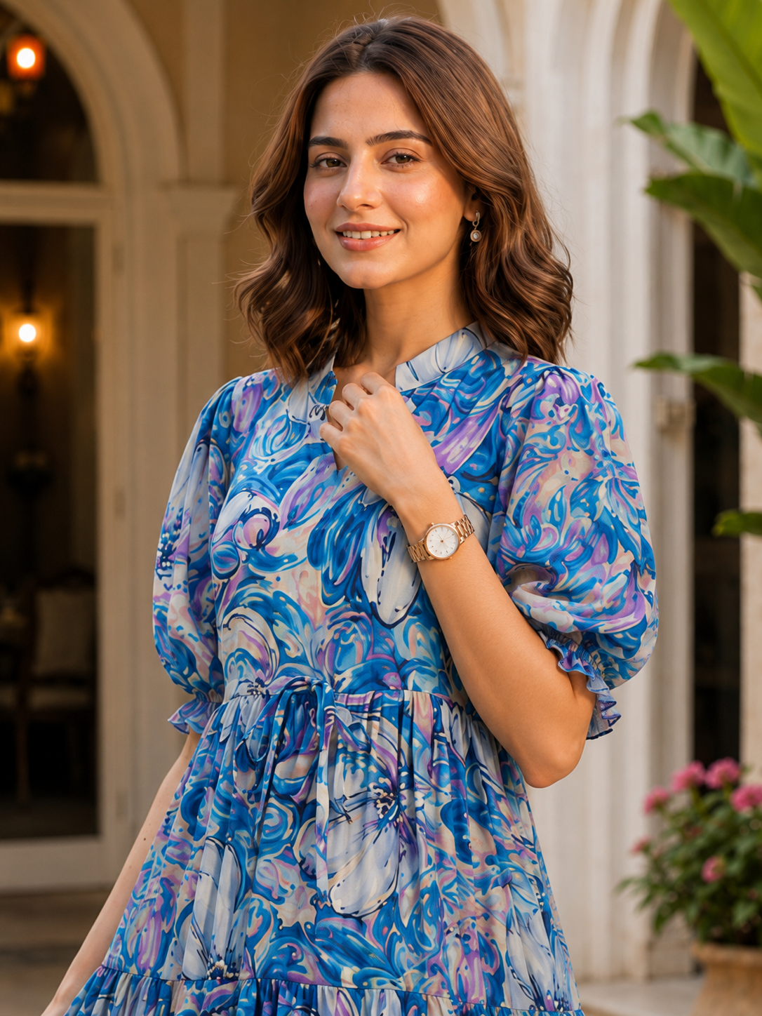 Blue Floral Printed Premium Chanderi Bell-Sleeve Dress for Women | Claura