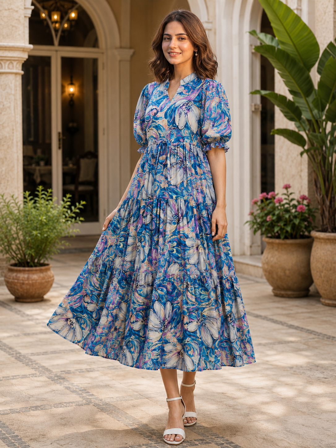 Blue Floral Printed Premium Chanderi Bell-Sleeve Dress for Women | Claura