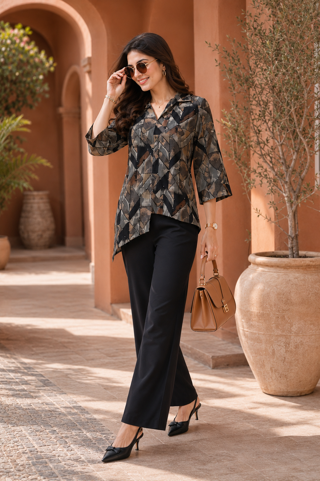 Black Abstract Chanderi Silk Shirt Collar Co-Ord Set Women