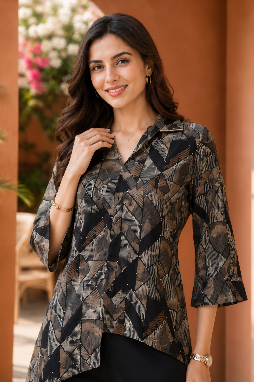 Black Abstract Chanderi Silk Shirt Collar Co-Ord Set Women
