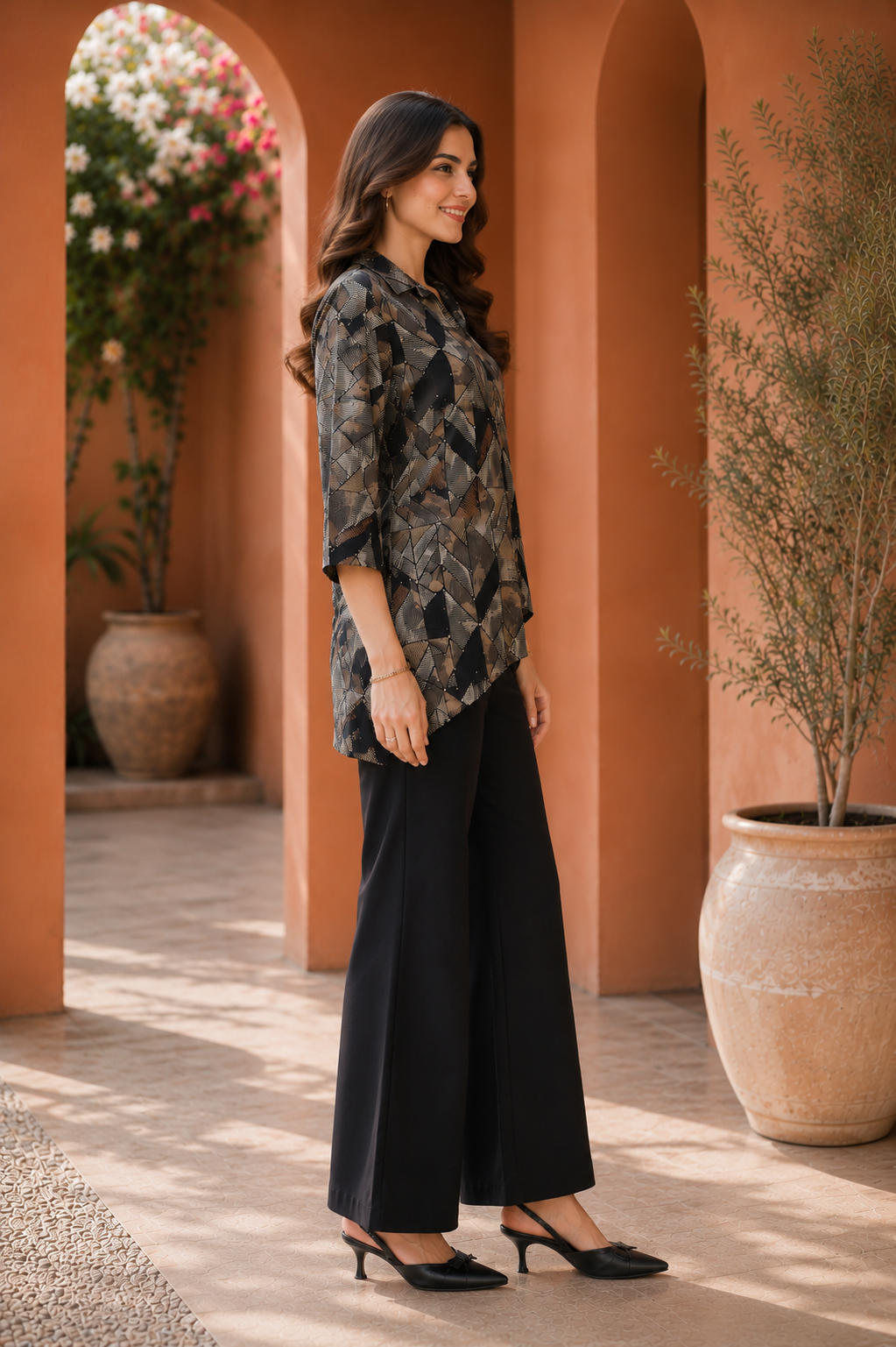 Black Abstract Chanderi Silk Shirt Collar Co-Ord Set Women