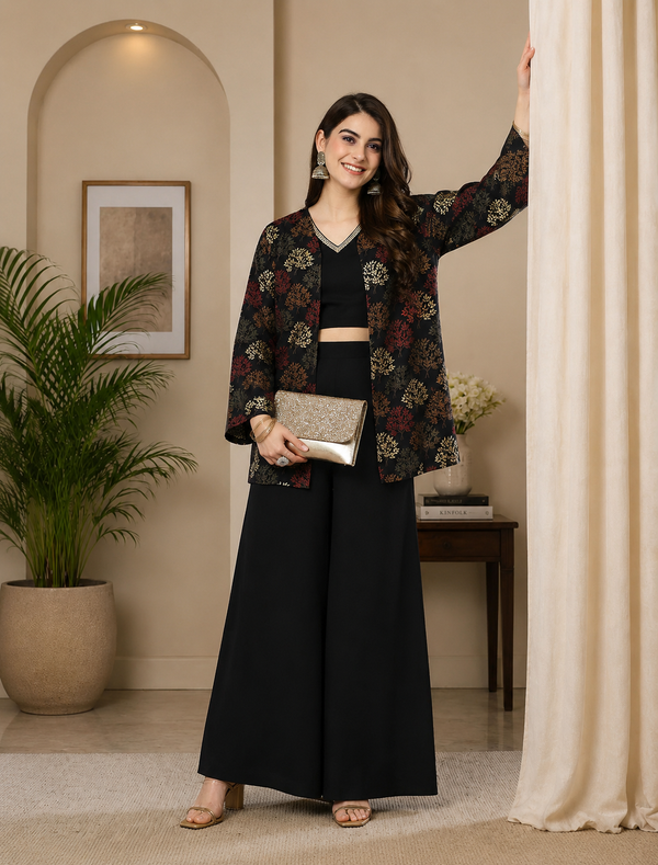 Black Ethnic 3-Piece Viscose Rayon Co-Ord Set for Women