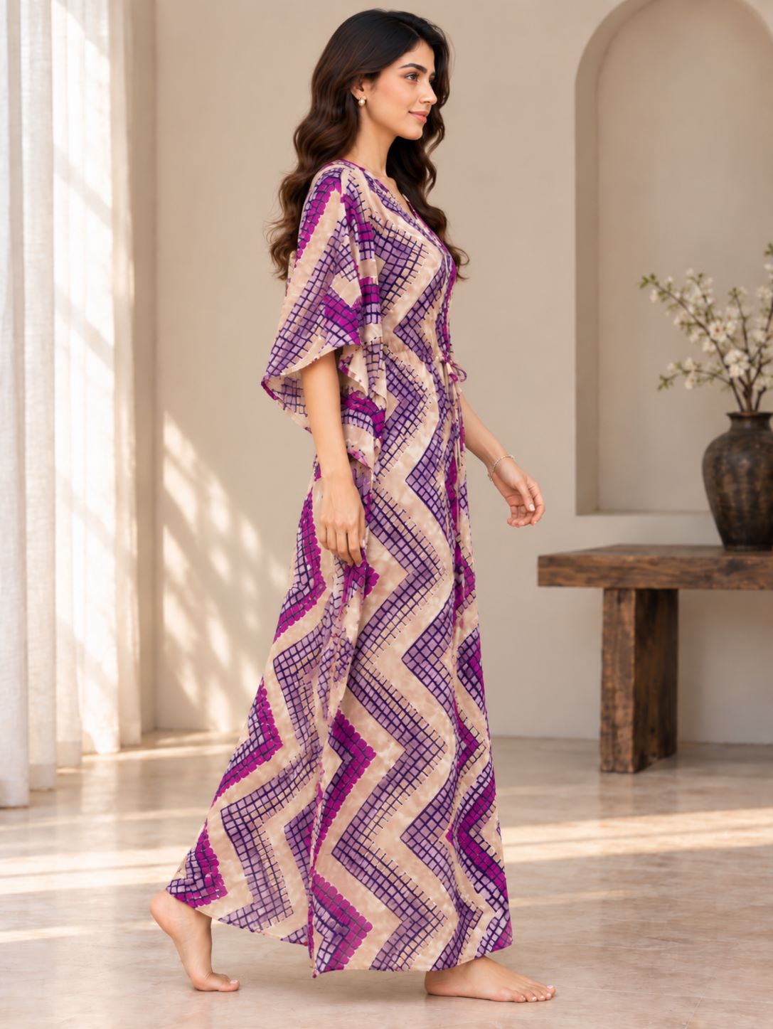 Purple Geometric Print V-Neck Kaftan Maxi Dress For Women | Claura