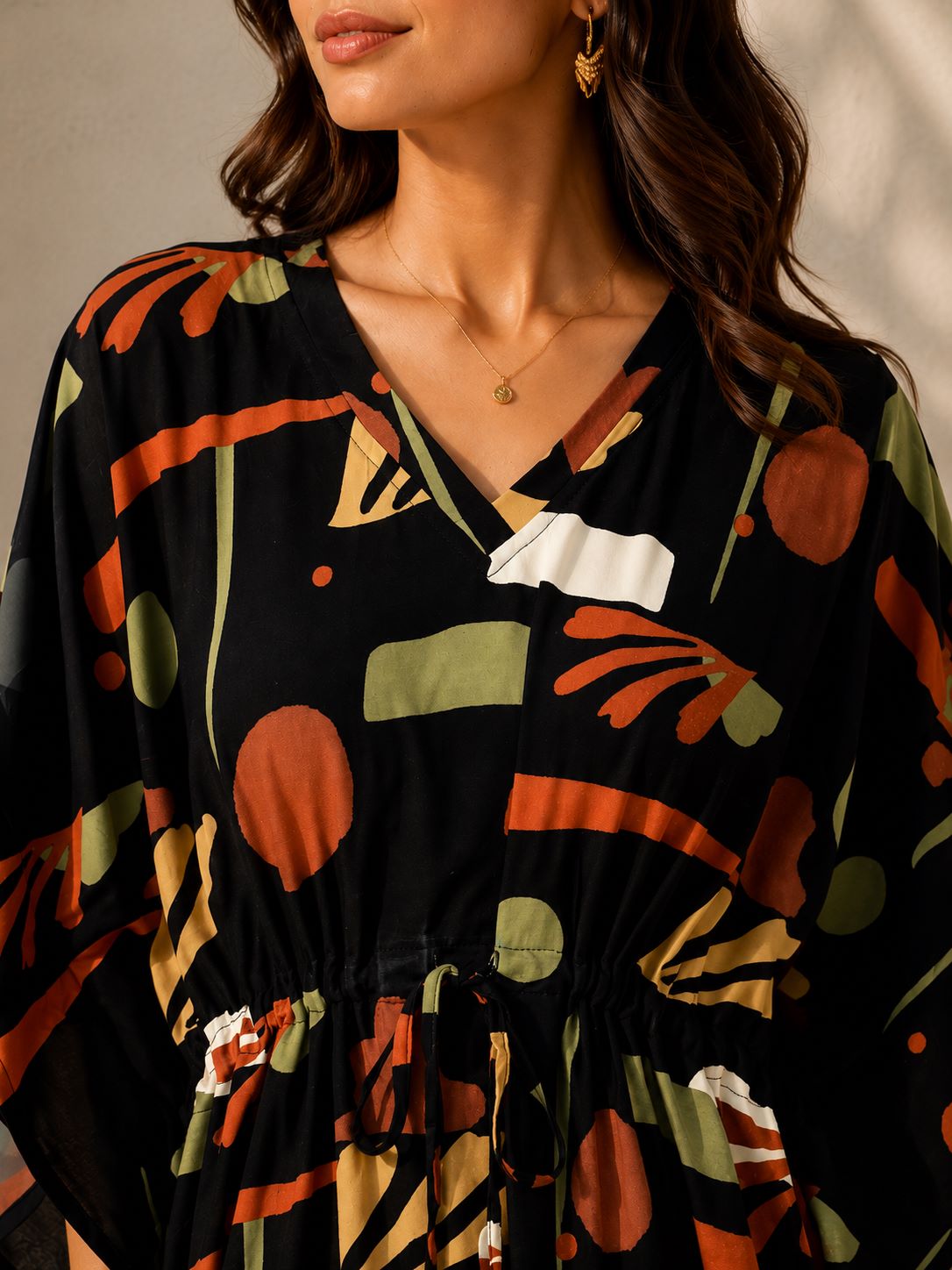 Black Boho Abstract Print Kaftan Maxi Dress with V-Neck | Claura