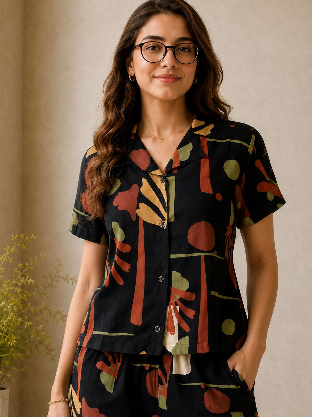 Black Boho Abstract Printed Button-Down Night Suit | Claura