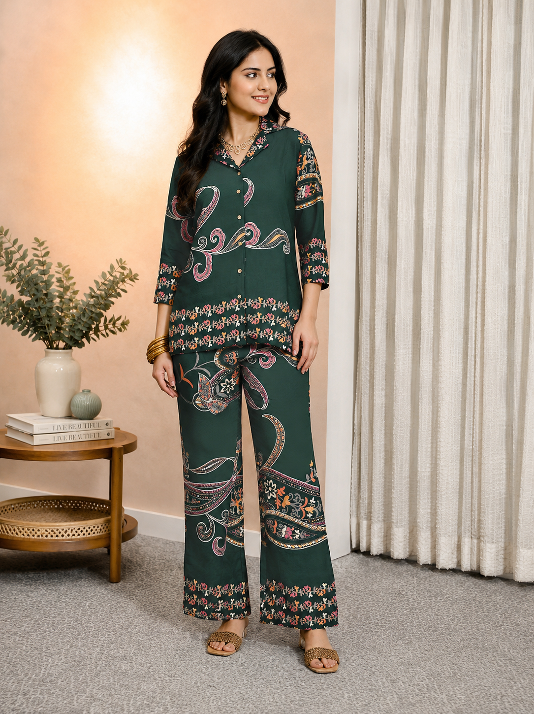 Green Abstract Printed Chanderi Silk Casual Co-ord Set for Women