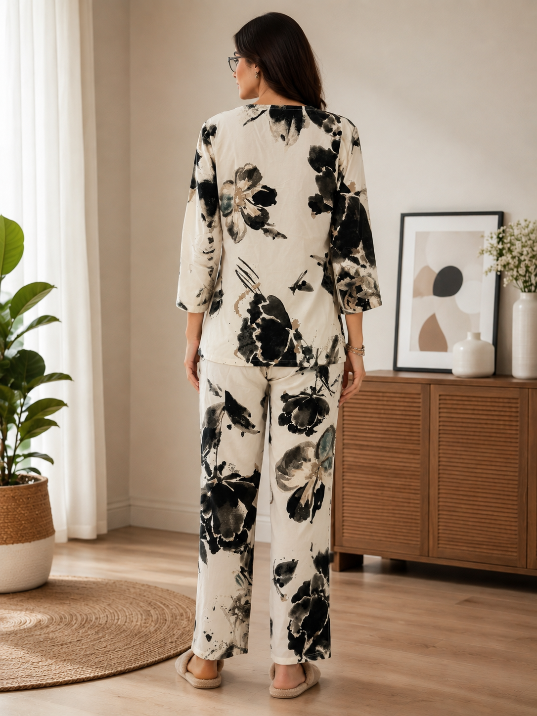 White Printed Round Neck 3/4 Sleeve Night Suit Set For Women | Claura
