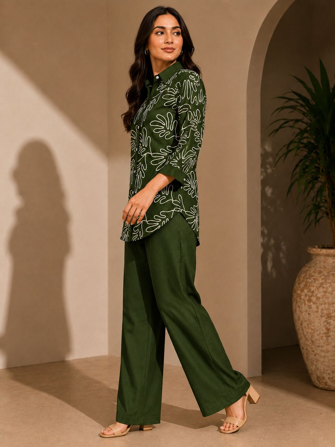 Olive Green Embroidered Linen Co-ord Set | Claura