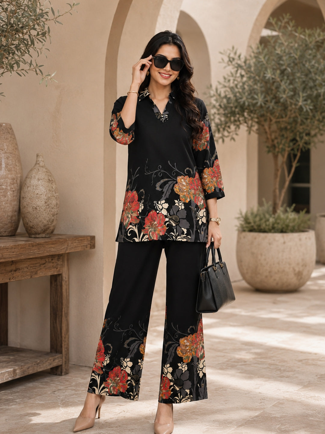 Black Floral Viscose Rayon Casual Co-ord Set for Women